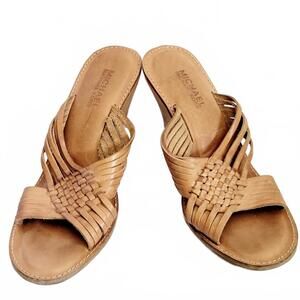 MICHAEL MICHAEL KORS Women’s Woven Leather 4in Wood Heel Wedge Sandals Slides